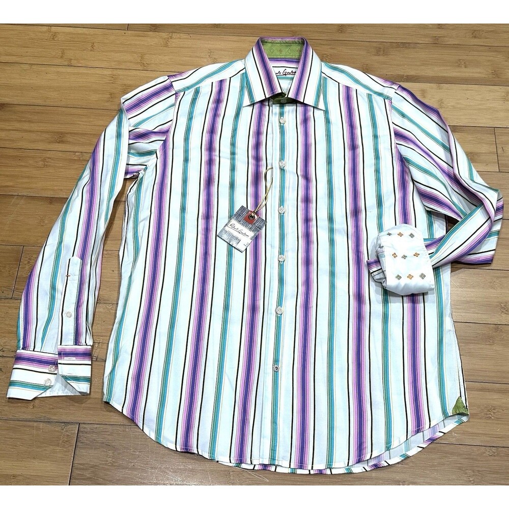 New Robert Graham Cotton/Silk Blend Flip Cuff Shirt Men’s Sz M 15.5 Multi-Color